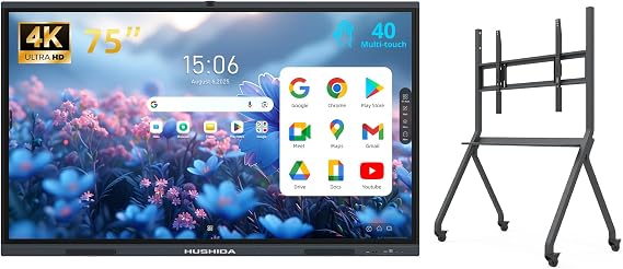75" Smart Board Google EDLA-Certified 4K Interactive Whiteboard SmartBoard for Classroom & Office Business, Android 14 Touchscreen with 13MP AI Camera 8G RAM+128G ROM, 40-Points (With Protable Stand)