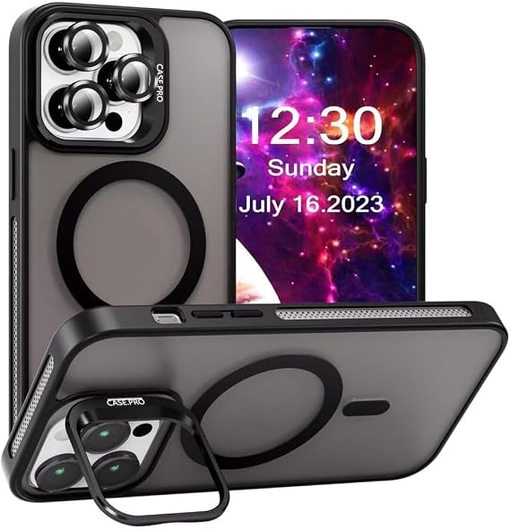 MADNOVA iPhone 14 Pro için Kılıf Kamera Korumalı Magsafe Wireless Şarj Özellikli Lens Hediyeli Mat Şeffaf Renkli Standlı Kılıf (SİYAH)