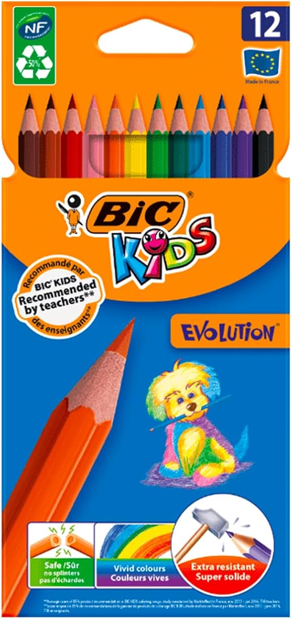 BIC Kids Evolution Dry Crayon, 12-Piece Box, No Splinters, Chew Resistant, Easy to Open