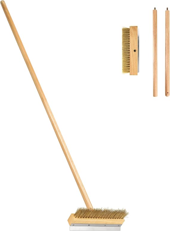 Pizza Oven Brush - 41-Inch Long Wood Handle Brass Bristles with Steel Scraper, Outdoor Pizza Oven Tool