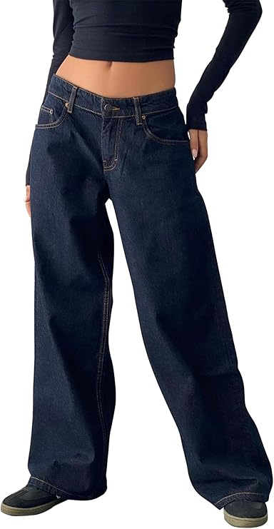 SANSIWU Women Straight Wide Leg Jeans Low Waist Baggy Straight Leg Boyfriend Jeans Y2K Relaxed Fit Pants Streetwear
