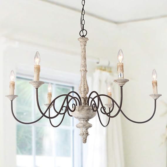 Farmhouse Chandelier, French Country Chandelier for Dining Room, White Distressed Wood, 37 L x 28 H