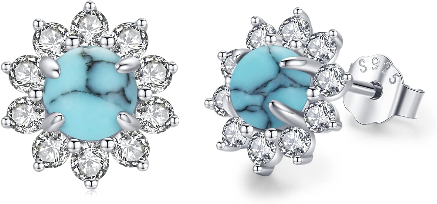 Turquoise/Moonstone Earrings 925 Sterling Silver Celtic Knot/Bohemia Style Stud Earrings Jewelry for Women Hypoallergenic Earrings for Sensitive Ears