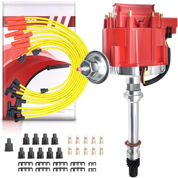 MAS Performance HEI Distributor & Wiring set 65K Coil Compatible with Chevy 305-454 Chevrolet C10 GMC SBC BBC 350-400 5.0L 5.7L 6.6L 7.4L (Red Cap Color)