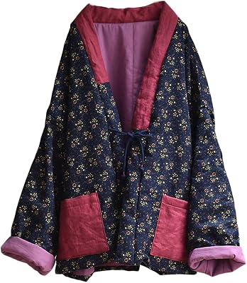 NFYM Women Chinese Ethnic Northeast Large Flower Quilted Jacket Patchwork Open Front Soft Cotton Padded Outwear