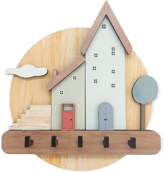 caju art & decoration Pastel Renkli Evler Ahşap Anahtarlık Hol Antre Askılık Duvar Dekor