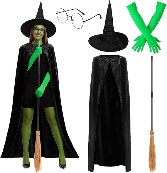 Mepase 5 Pcs Halloween Green Witch Costume Cloak Hat Broom Glasses Gloves
