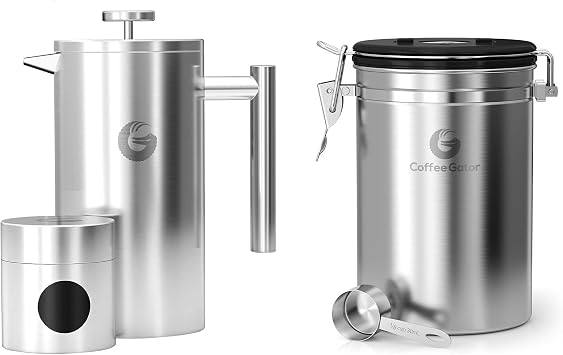 Coffee Gator French Press Coffee Maker 34oz Silver and Coffee Canister - 22oz, Airtight Stainless Steel Kitchen Food