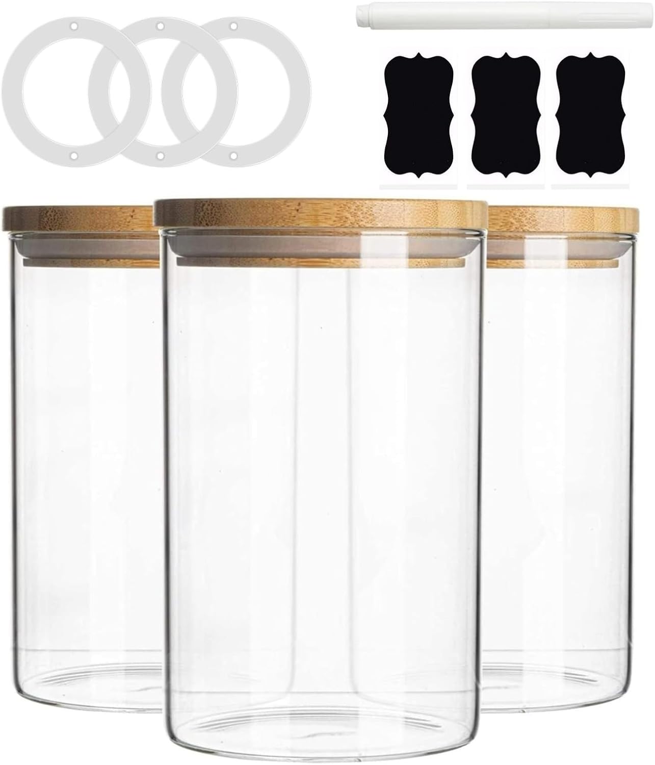 Glass Storage Jars with Bamboo Lids 1 Litre Set of 3, Airtight High Borosilicate Food Canisters for Kitchen, Clear Containers for Cereal, Pasta, Coffee, Tea, Sugar, Dishwasher Safe