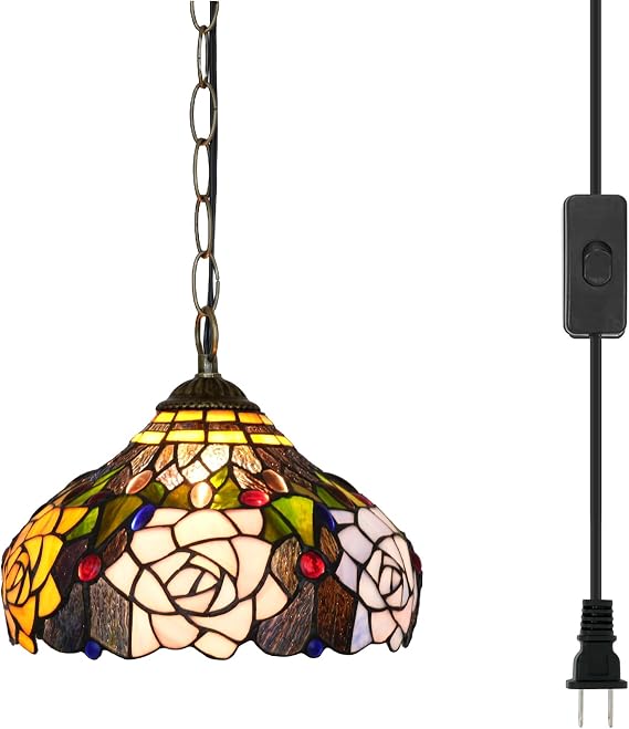 Tiffany Pendant Light Rose Flowers Stained Glass Pendant Lamp 12 Inch Antique Style Plug in Light for Home Kitchen Island Dining Room Living Room Hallway Counter Bar