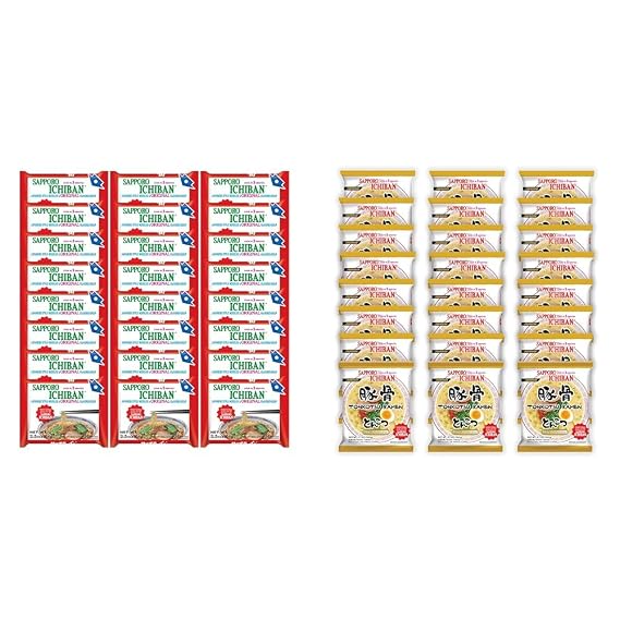 SAPPORO ICHIBAN Ramen Noodles Bundle - Original Soy Sauce (3.5 Oz, 24 pouches) and Tonkotsu Flavor (3.7 Oz, 24 Pack)