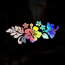 Hibiscus Rose Aloha Hawaii Flower Vinyl Decal Sticker, Oil Slick Chrome Reflective Holographic Iridescent Window Sticker for Car, 4x4, Caravan, Camper Van, Wall, 200mm