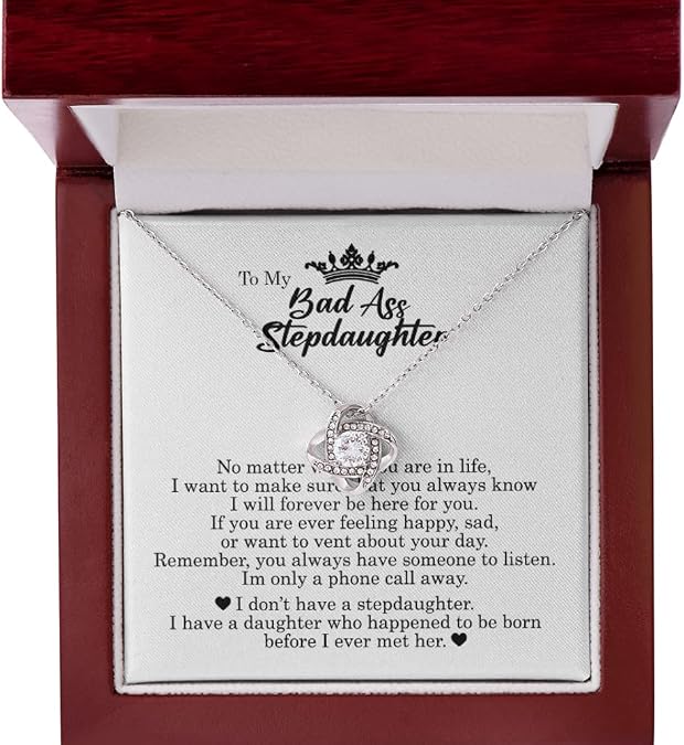 To My Bad Ass Step Daughter - Love Knot Necklace With Jewelry Card - Gifts for Stepdaughter From Stepmom Stepdad - To My Bonus Daughter