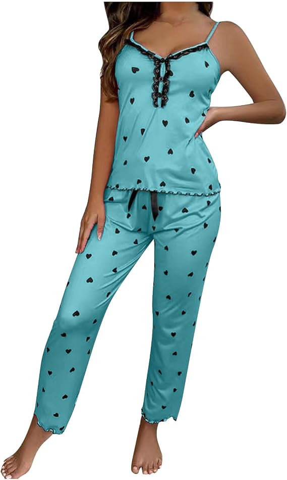 NSICBMNO Satin Pyjamas For women Uk Long Sleeve Pyjamas Heart Fur Trim Button Up Shirts Long Pants Silk Sexy Nightwear Comfy Loungewear Set Sleepwear For Valentines