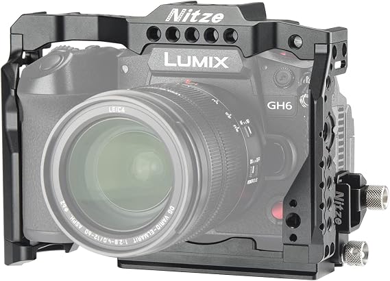 Nitze GH6 Cage for Panasonic GH6 Camera with HDMI Cable Clamp, Built-in NATO Rail and Arca Swiss QR Plate - T-P02B