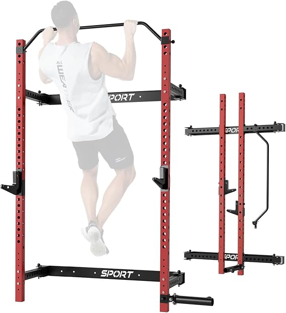 Folding Wall Mounted Squat Rack, 1000 Pounds Capacity Power Rack with Pull Up Bar, J Hooks and Other Attachments, Space Saving Multi-Functional Power Cage for Home Gym