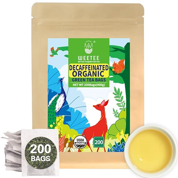 WT WEETEE Organic Decaf Green Tea Bags 200 Count, Natural CO2-Decaffeinated
