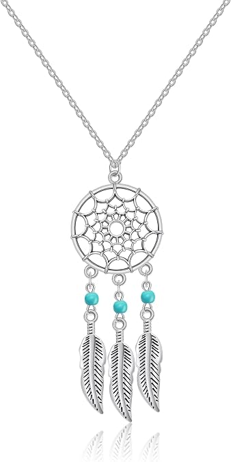 AILUOR Bohemian Dream Catcher Necklace, Feather Turquoise Beads Long Chain Necklace Jewelry for Women Gifts