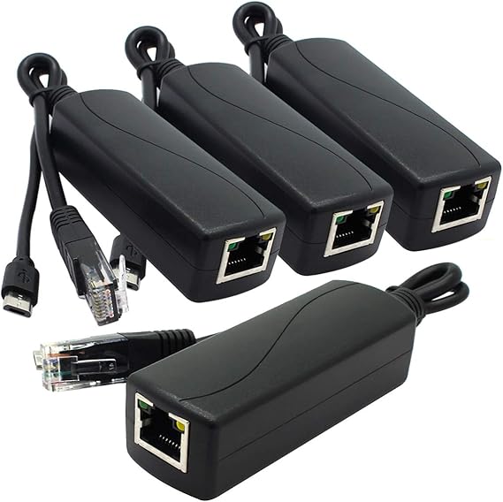 ANVISION 4-Pack Gigabit PoE Splitter, 48V to 5V 2.4A Micro USB Ethernet Adapter, Compatible with Raspberry Pi 3B+, IP Camera and More