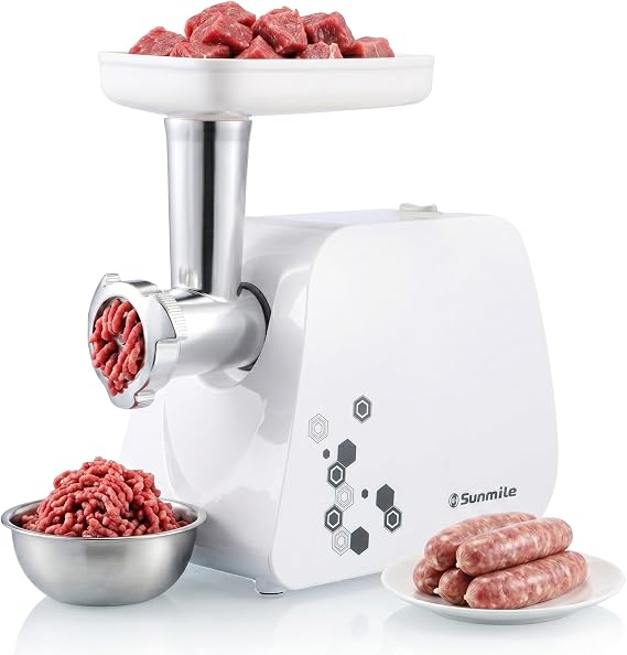 Sunmile Electric Meat Grinder and Sausage Maker - 1HP 1000W Max - Stainless Steel Cutting Blade and 3 Grinding Plates,1 Big Sausage Staff Maker, White