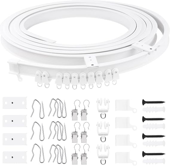 Glarks 155Pcs 5M/16.4ft White Bendable Curved Ceiling Curtain Track Set, Includes 40Pcs 3.5CM Curtain Hooks, 40Pcs Curtain Clips for U Shape L Shape Shower Curtains Bay Window Room Divider