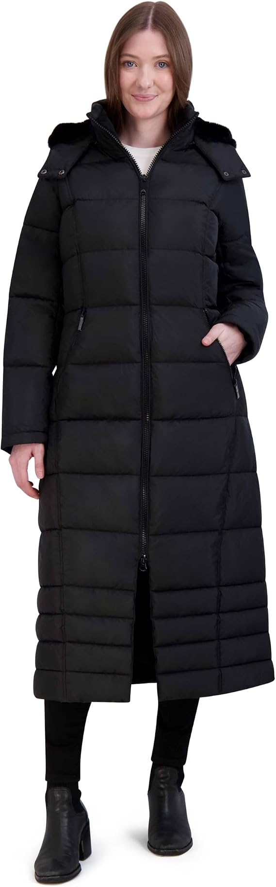 HFX Women's Maxi Puffer Coat Mid-weight Long Coat, Water-resistant Winter Jacket, Faux Fur Lined Hood