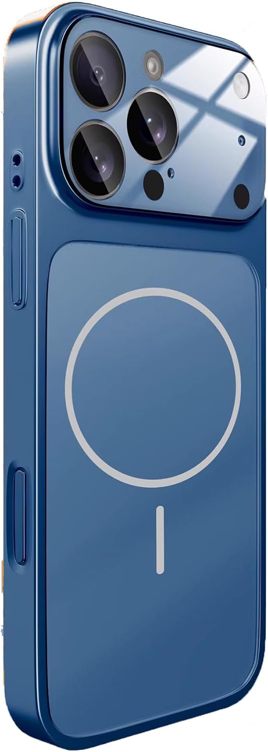 Case Compatible with URUCHI iPhone 14 Pro – 17 Pro Max Camera Design, Mag-Safe Supported, Tempered Glass Back Surface, Stylish Orange Color, Shockproof, Luxury Phone Case Navy Blue, iPhone 14 Pro