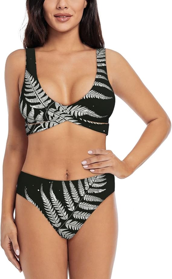Natural Plant Silhouette Fern Leaf Prints Womens Two Piece Bikini Set Swimsuits for Vacations and Beach Parties,