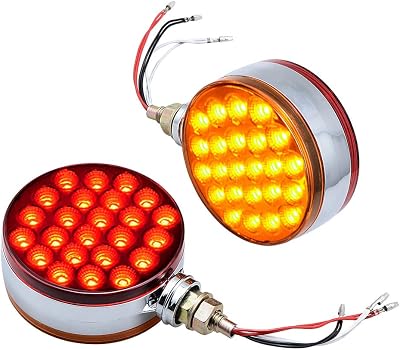 amopacorp 2pc 4 Round Double Face RedAmber 48 LED Pedestal Fender Lights Turn Signal Chrome Miro-reflex Sealed Replacement for KenworthPeterbiltFreightlinerWestern Star Trucks Semi Trailers