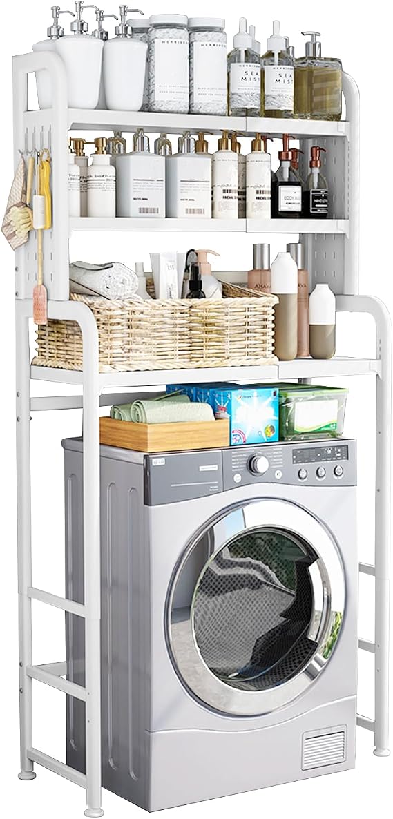 3-Tier Over Washing Machine Storage Shelf, Expandable Adjustable Height 155~185cm/Width 54~81cm Storage Rack Above The Toilet, Space-Saving Bathroom Storage Cabinet, Washer and Dryer Rack (White)