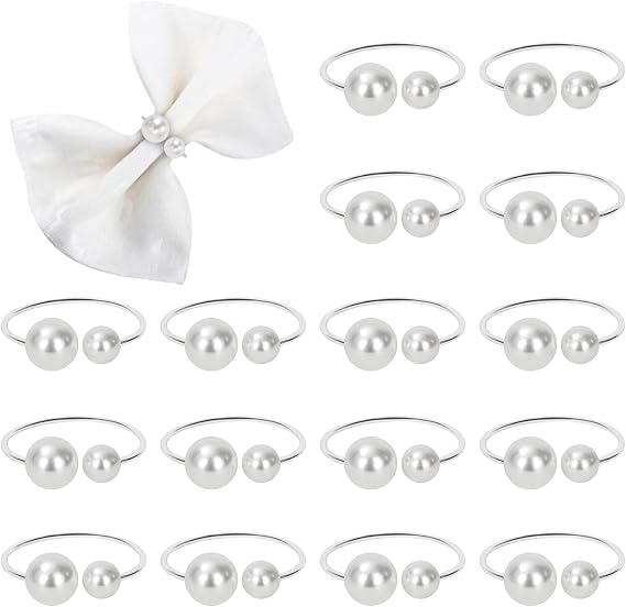 KPOSIYA Pearl Napkin Rings - Set of 20 Silver Napkin Holder Table Napkin Buckles for Dinning Table Setting Christmas Wedding Party Supplies (Pearl-Silver 20)
