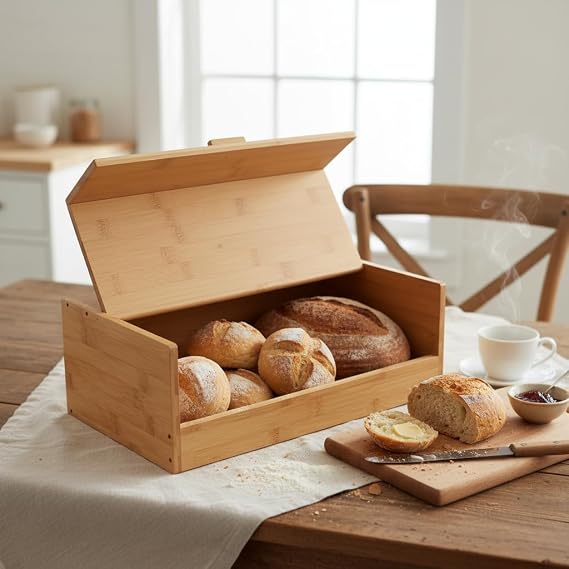 Deconox Bambu Ekmek Kutusu - Ekmek Dolabı, Çok Amaçlı Ekmeklik, Doğal Bambu Saklama Kutusu (40x23x14cm) - Mutfak, Tezgah ve Kiler İçin