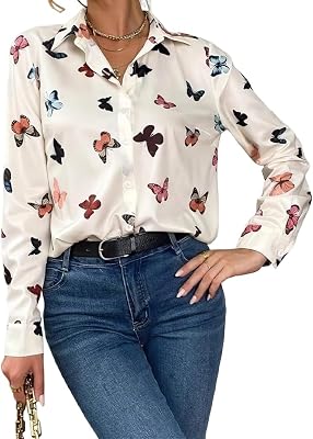 Womens Button Down Butterfly Print Shirt Work Tops Plus Size Dressy Casual Comfy Long Sleeve Fall Blouses 2023