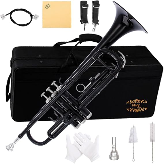 Glory Bb Trumpet - Trumpets for Beginner or Advanced Student with Case, pair of gloves-Black
