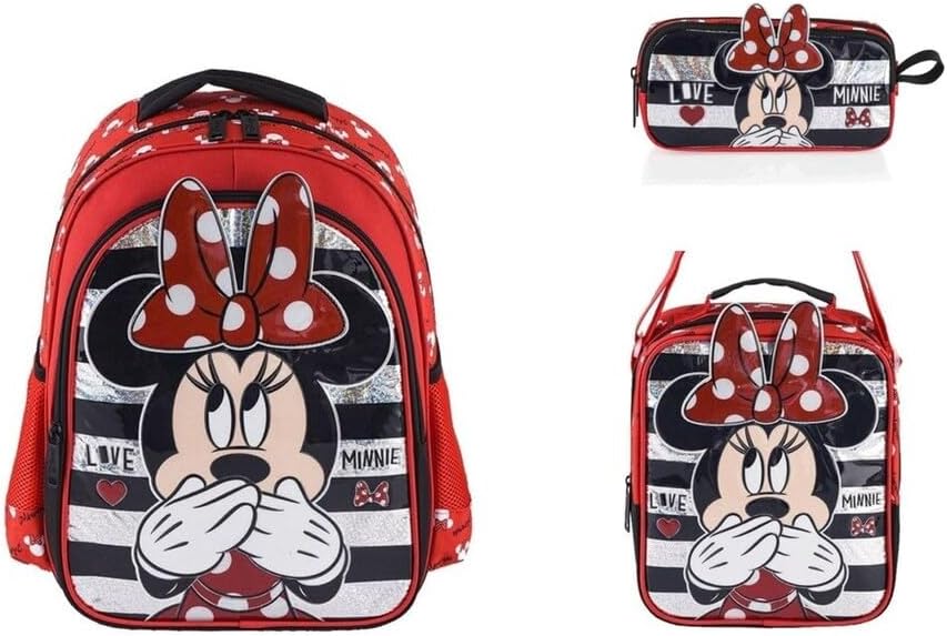 Minnie Mouse Okul Çantası, Beslenme Çantası ve Kalem Kutu Seti, Çok Renkli