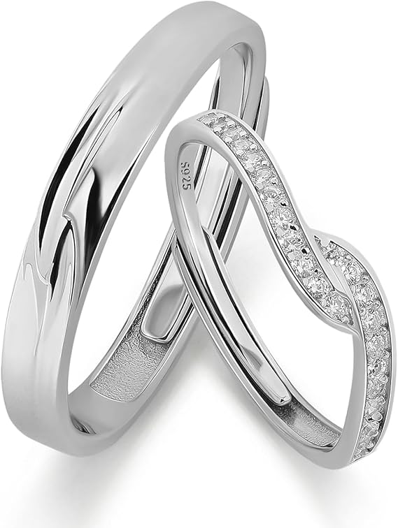 Meissa 2pcs Sterling Silver Couple Rings for Her and Him Love You Forever Infinity Wedding Bands Silver Promise Rings with Cubic Zirconia Bride Jewellery