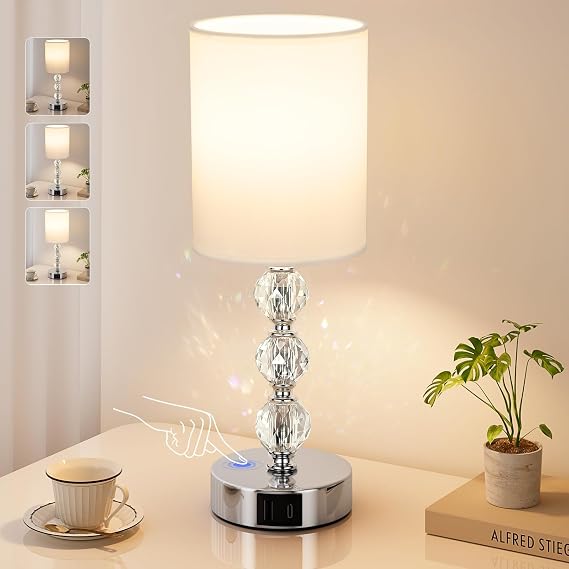 Aooshine Touch Table Lamp, Crystal Bedside Lamps for Living Room, Bedroom | 3 Way Dimmable, USB C+A Charging Ports, Bed Lamps with White Fabric Shade, UK mains plug, Bulb included