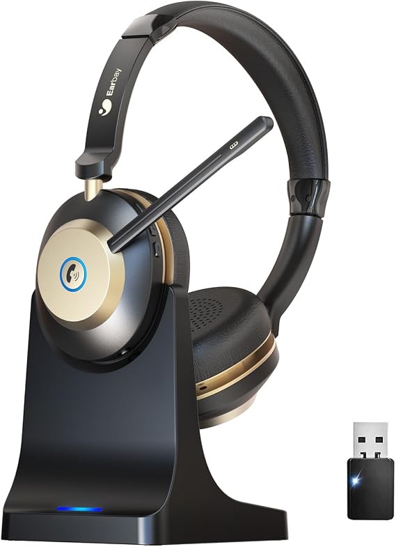 Earbay Wireless Headset with Mic for Work, Bluetooth Headset V5.3, AI Noise Cancelling Mic & 2.4G USB Dongle, 50 Hrs Work Time Wireless Headphones with Mic Mute for Work from Home/Call Center/Teams