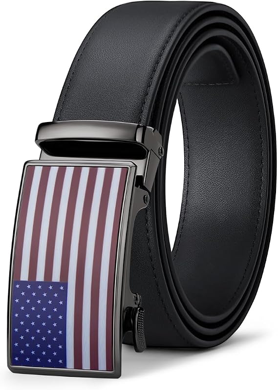 Men's Ratchet Leather Belt with American Flag Buckle