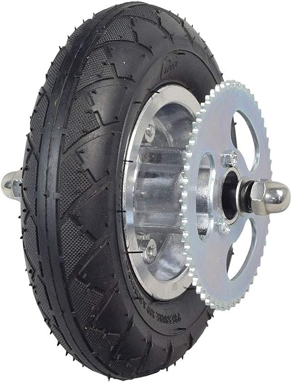 AlveyTech Front Wheel Assembly - Fits Razor Crazy Cart with Drift Bar Versions 5 and up Replacement 200x50 Rubber Tire, Inner Tube, Chain Sprocket, Axle, and Rim Parts for Kids Electric Carts