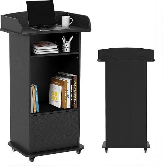 Podium Stand Portable with Wheels, Classroom Lectern for Teacher with Adjustable Storage Shelf, Mobile Rolling Church Pulpits, Office Wooden Reception Desk, Host Stand for School Conference(Black)