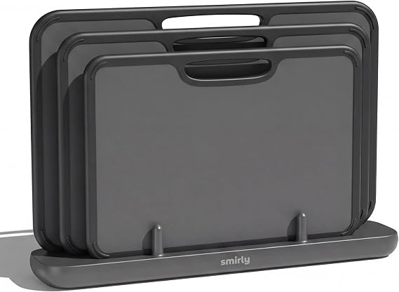 SMIRLY Plastic Cutting Board Set with Holder, Non-Slip Chopping Boards for Kitchen, Dishwasher Safe, Essential Kitchen Gadgets, 3 Pack, Dark Gray