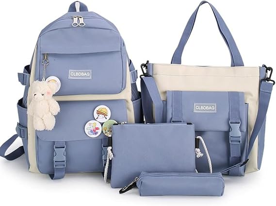 4pcs School Bags Set for Teen Girls Aesthetic Kawaii Backpacks, Blue, L, Daypack Backpacks