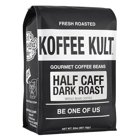 Koffee Kult Half Caff Coffee Whole Bean Dark Roast Half Caffeine Decaf Low Acid Naturally Decaffeinated (Whole Bean, 32oz)