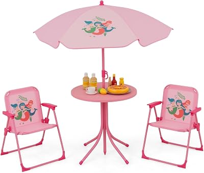 Costzon Kids Picnic Table, Kids Outdoor Table with 2 Folding Chairs, Height Adjustable Umbrella, Portable Children Outdoor Furniture for Patio, Garden, Backyard Pink