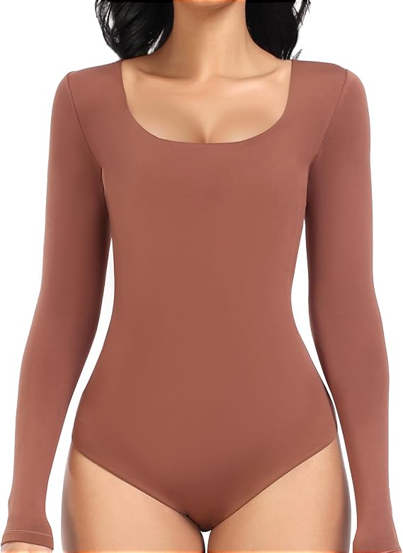 JOJOANS Womens Long Sleeve Bodysuit Sexy Square Neck Double Lined Basic Tops