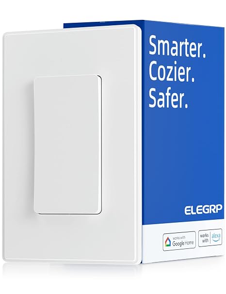 ELEGRP Smart Light Switch, 2.4GHz Wi-Fi Light Switch Compatible with Alexa & Google Assistant, Neutral Wire Required, APP Control and Timer Schedule, UL Certified, Single Pole/3 Way, White, 1 Pack