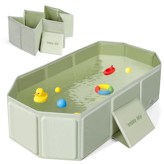 Orzbow Toddler Bathtub with Side Drain Plug, Portable for Travel, Green | Collapsible Baby Bath Tub with Non-Slip Base for Kids Infant 12 Months+, Space-Saving, Easy to Clean, Stable & Durable