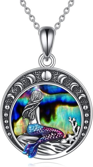 YAFEINI Mermaid Gifts Necklace Jewelry Sterling Silver Sea Mermaid Crescent Moon Pendant Necklace Birthday Gifts Jewelry for Girls Daughter Women