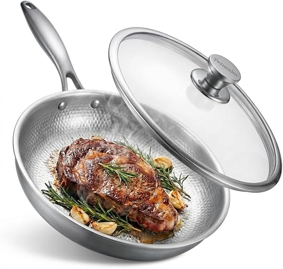 11.8" Titanium Frying Pan with Lid, Non-Stick Hammered Skillet